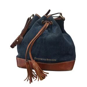 Dooney & Bourke Navy Suede Bucket Bag Brown Leather Drawstring Tassel